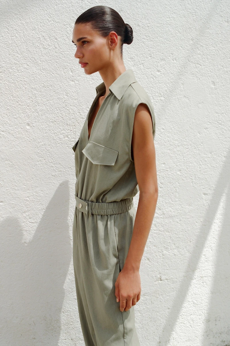 LINEN BELTED LONG JUMPSUIT