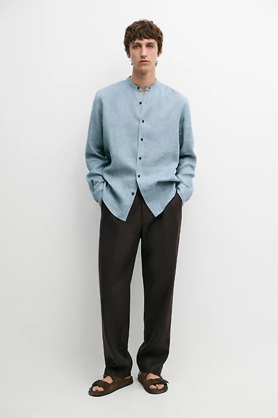 Regular fit contrast button 100% linen shirt
