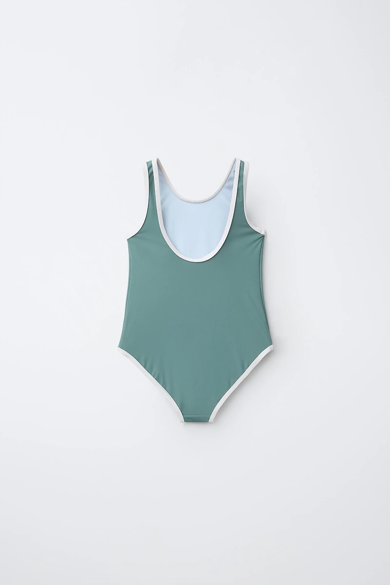 AGES 6-14/ CONTRASTING PIPING SWIMSUIT