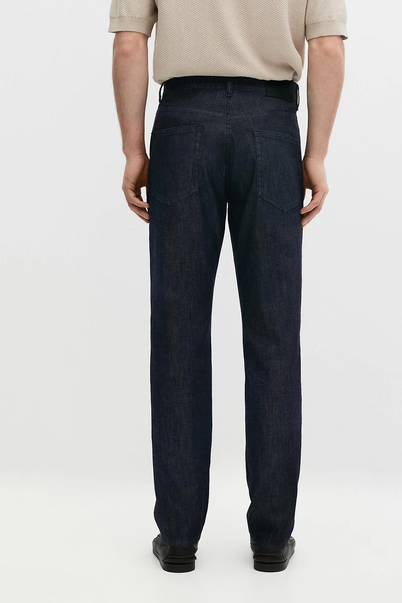 Lightweight tapered fit denim-effect trousers