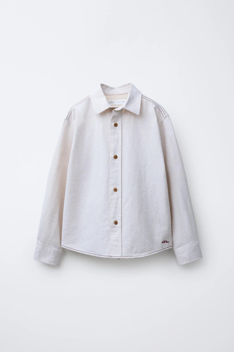 EMBROIDERED TEXT SHIRT WITH COTTON AND LINEN