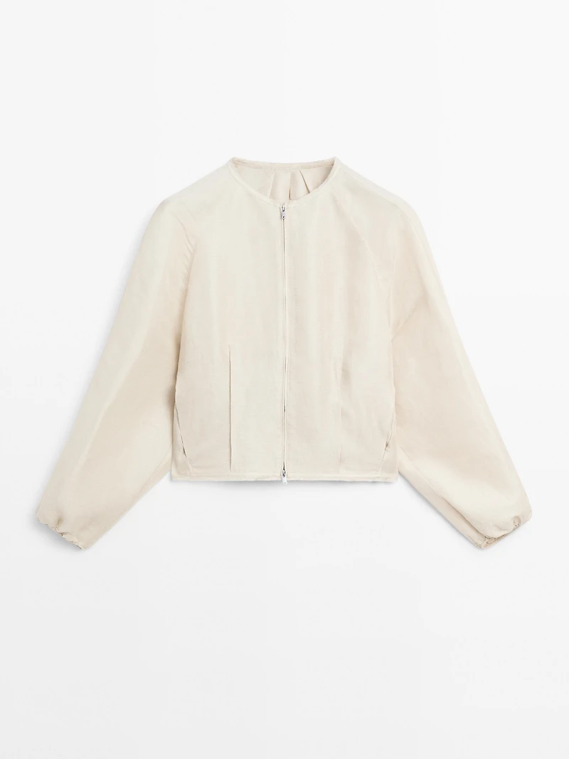 Frayed linen and silk bomber jacket