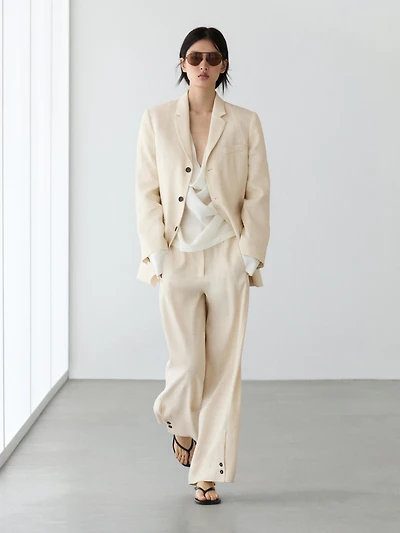 Linen blend suit trousers with button detail