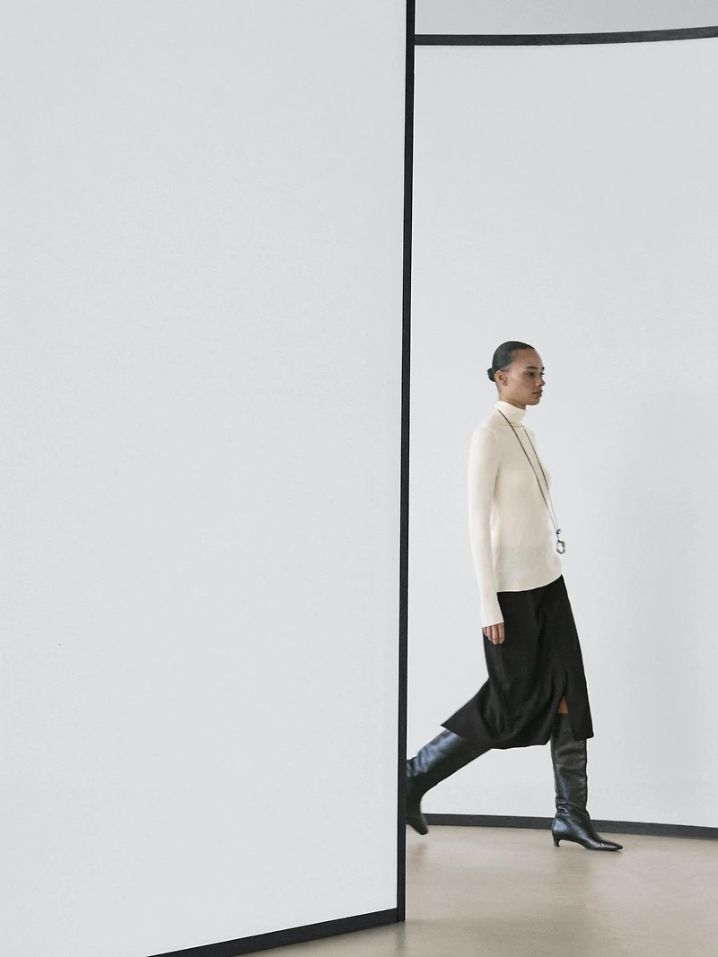 Straight fit wool blend midi skirt with slit