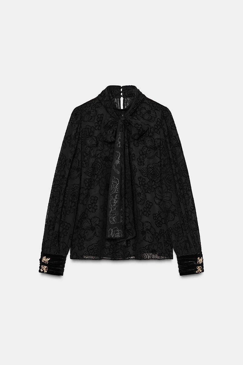 BOW SEMI-SHEER VELVET BLOUSE