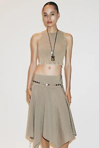 STRIPED ASYMMETRIC BELTED MIDI SKIRT