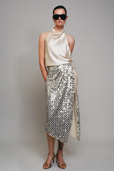 ASYMMETRIC SEQUIN MIDI SKIRT