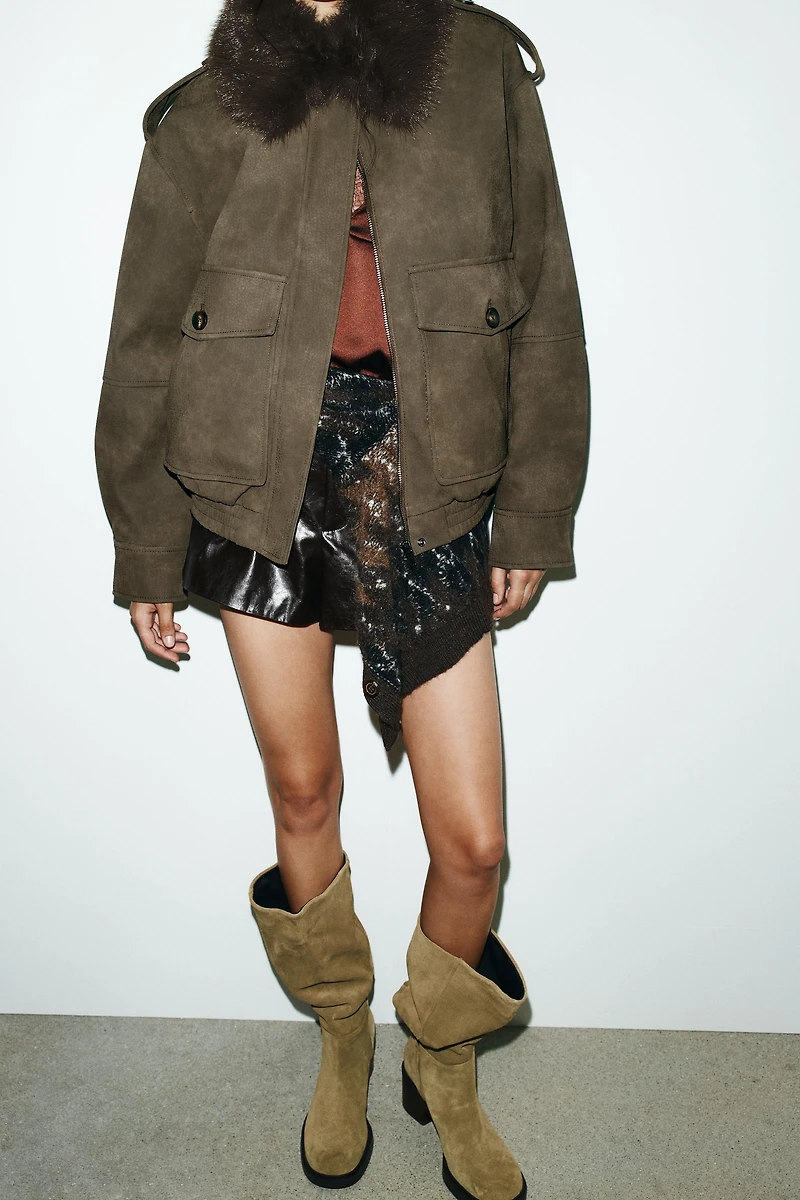 REMOVABLE COLLAR FAUX SUEDE JACKET