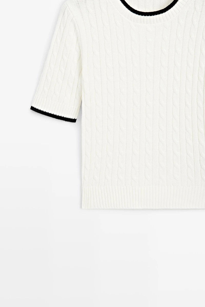 Short sleeve cable-knit sweater
