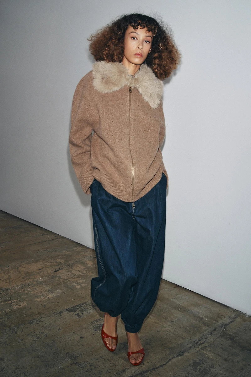 100% WOOL FAUX FUR LAPEL JACKET