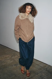 100% WOOL FAUX FUR LAPEL JACKET