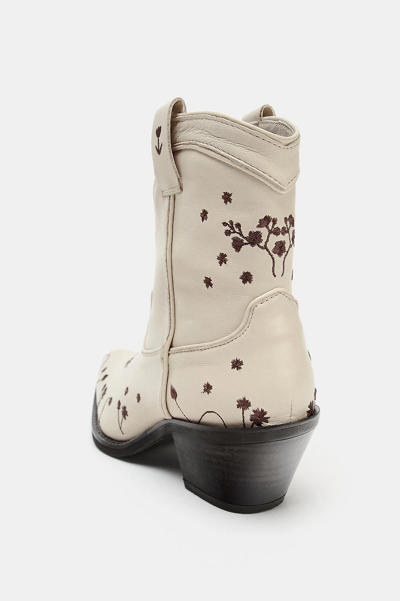 LEATHER EMBROIDERED COWBOY ANKLE BOOTS