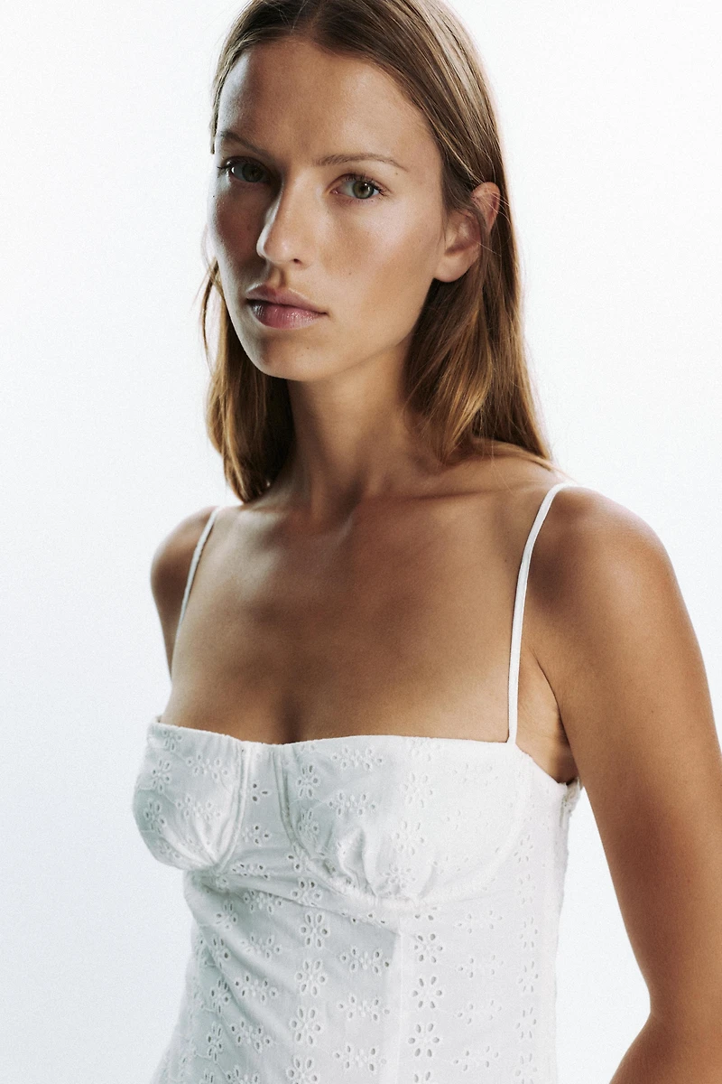 EMBROIDERED EYELET CORSET MIDI DRESS
