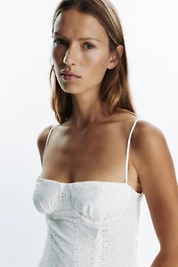 EMBROIDERED EYELET CORSET MIDI DRESS