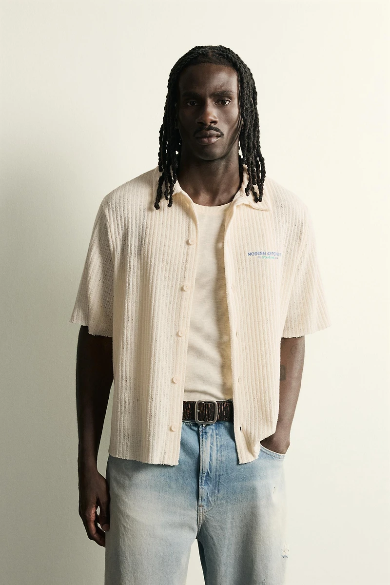 OPENWORK TEXTURED PRINTED SHIRT