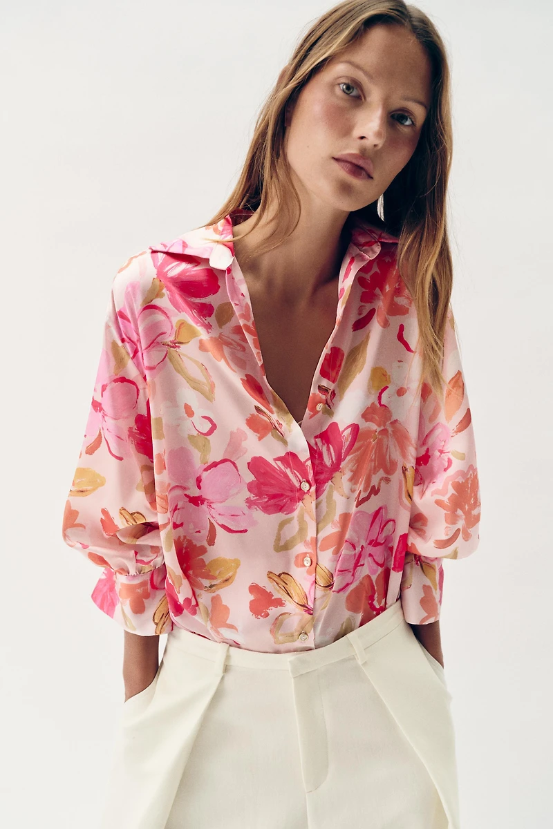 FLORAL PRINT SATIN EFFECT SHIRT