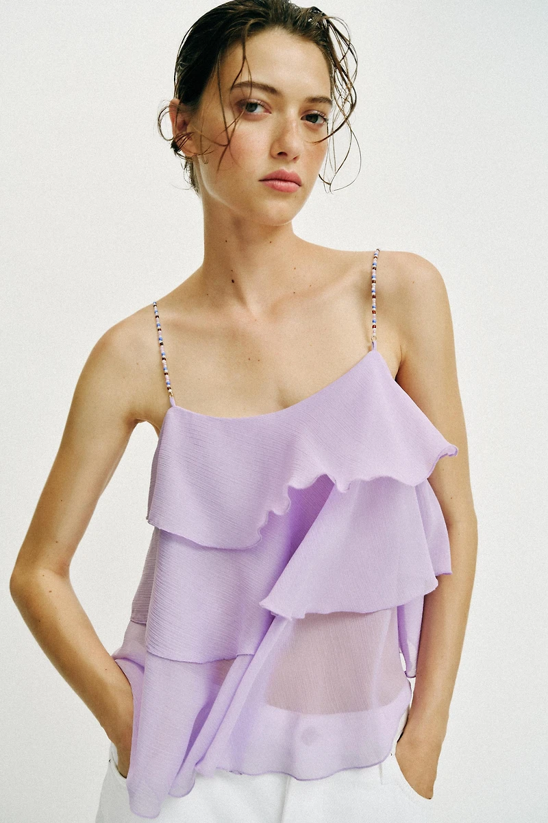 BEADED RUFFLE STRAP TOP