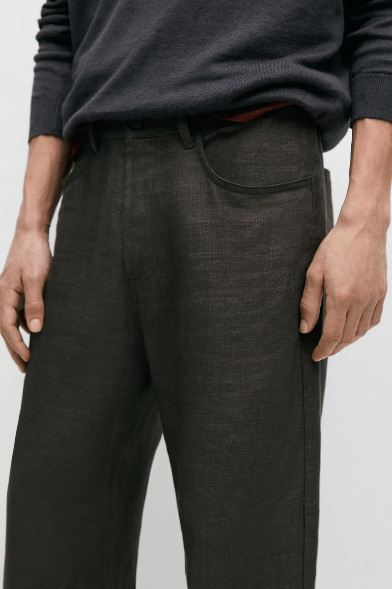 Linen semi-jogger fit denim-effect trousers