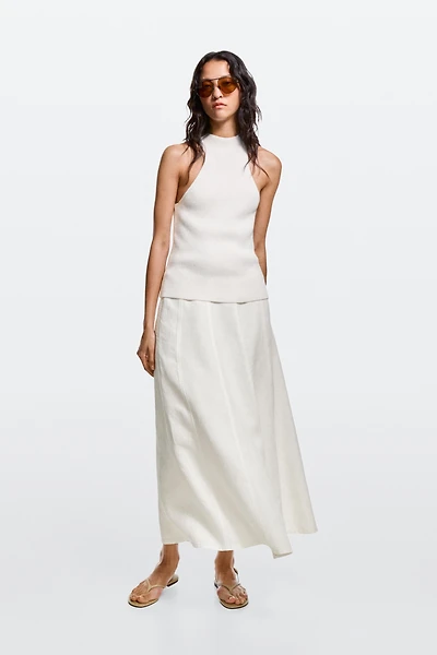100% linen denim-effect midi skirt