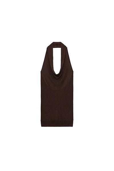 METALLIC THREAD RIB KNIT HALTER TOP