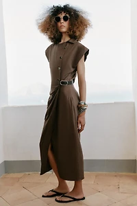 LINEN BLEND MIDI DRESS WITH BELT