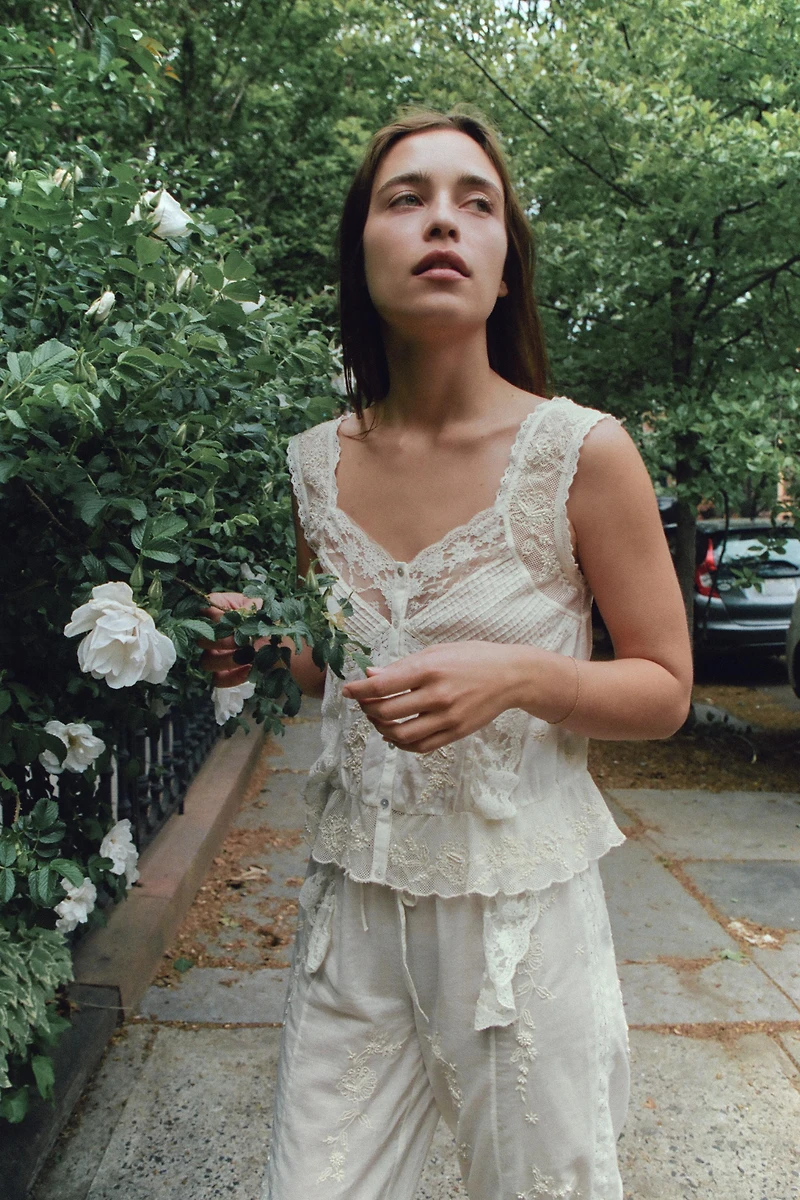 PLEATED BEADED EMBROIDERED TOP