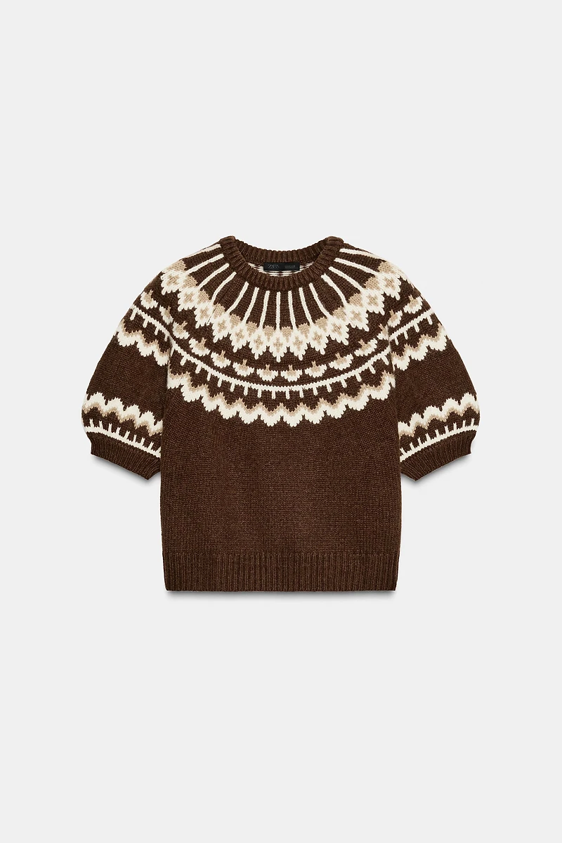 SHORT SLEEVE JACQUARD KNIT SWEATER