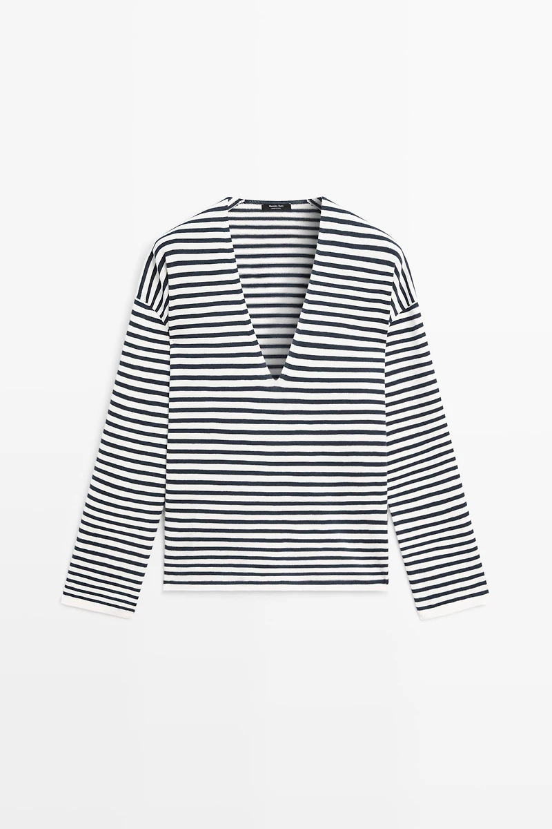 Striped V-neck knit sweater
