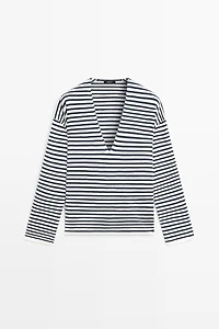 Striped V-neck knit sweater