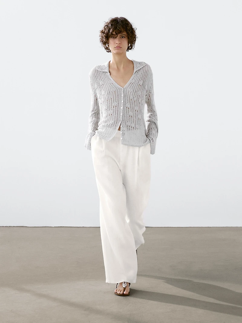 100% linen wide-leg mid-rise trousers