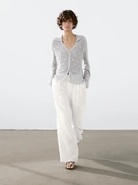 100% linen wide-leg mid-rise trousers