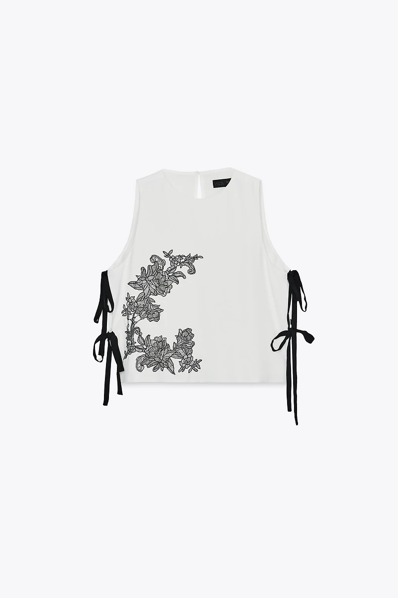 FLORAL EMBROIDERED TIE TOP