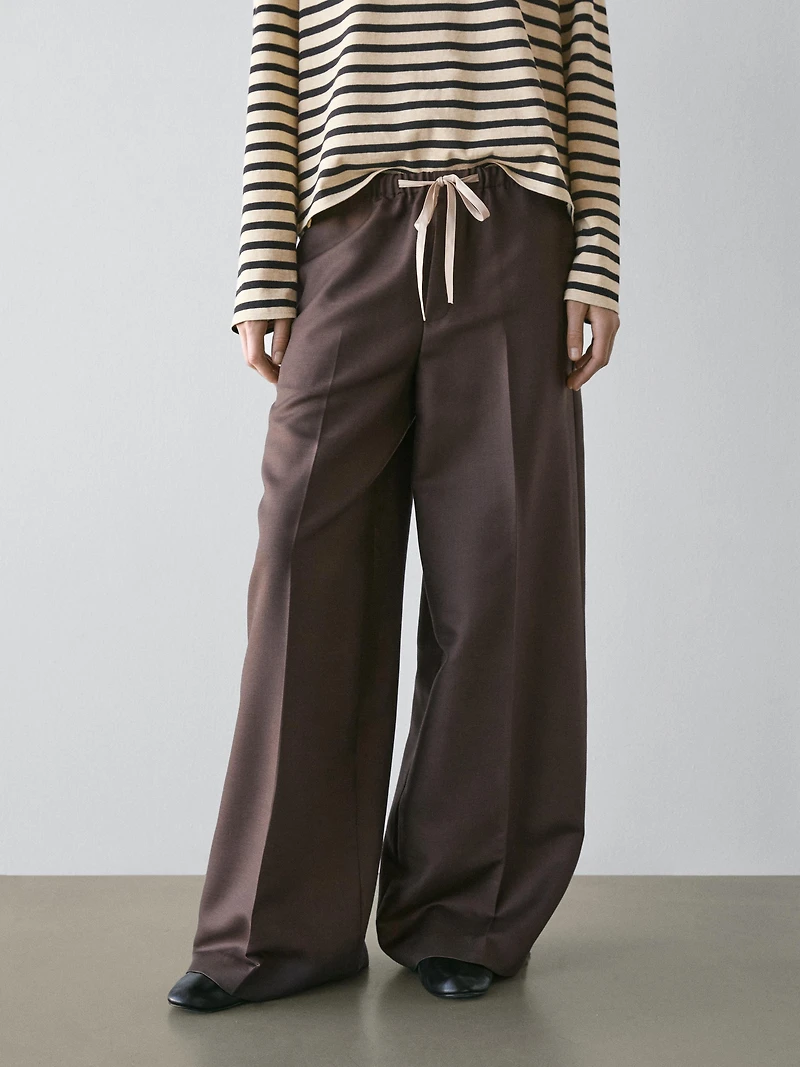 Wool blend contrast drawstring trousers