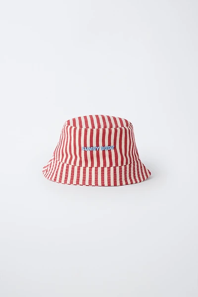 STRIPED BUCKET HAT WITH EMBROIDERED TEXT