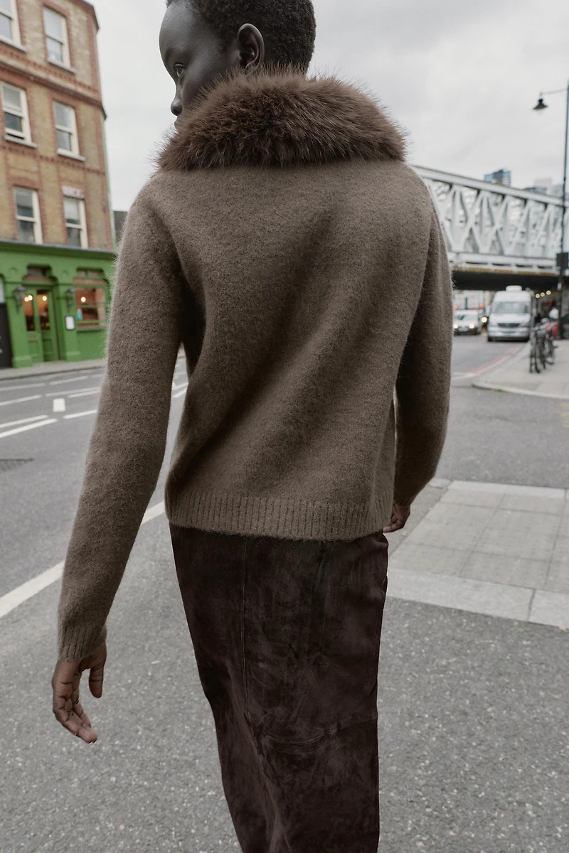 CARDIGAN WITH FAUX FUR LAPEL