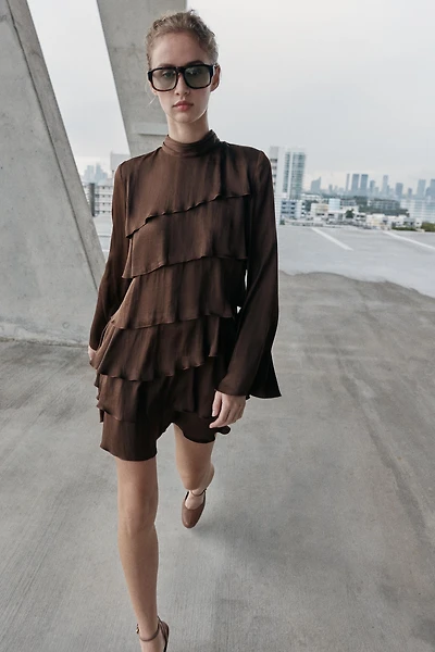 SATIN EFFECT RUFFLED SHORT DRESS