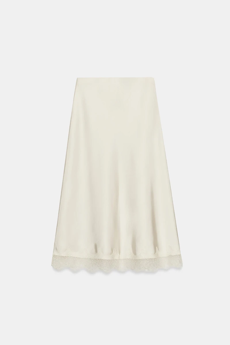 SATIN EFFECT LACE MIDI SKIRT