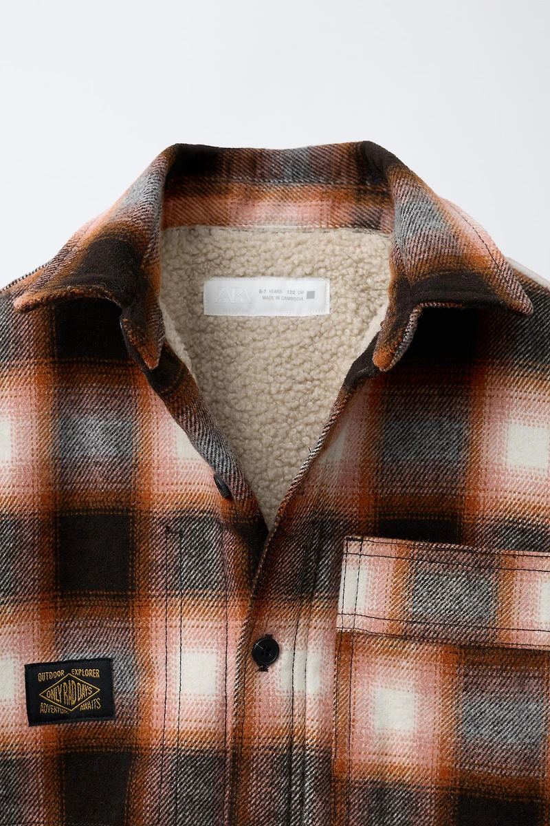 PLAID FAUX SHEARLING LINED OVERSHIRT