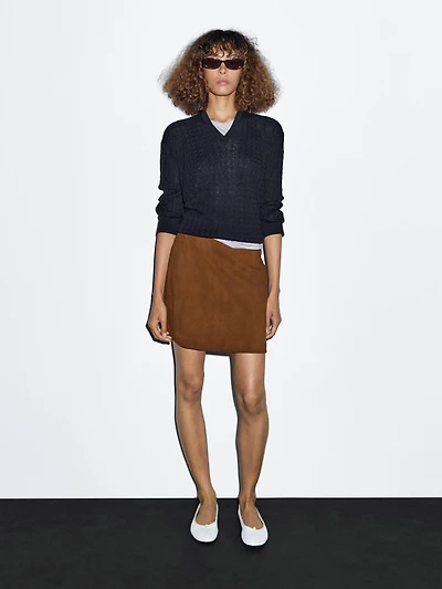 Suede nappa leather mini skirt with topstitching