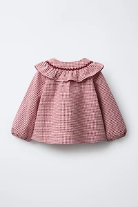 GINGHAM PETER PAN COLLAR SHIRT WITH SCALLOP TRIM