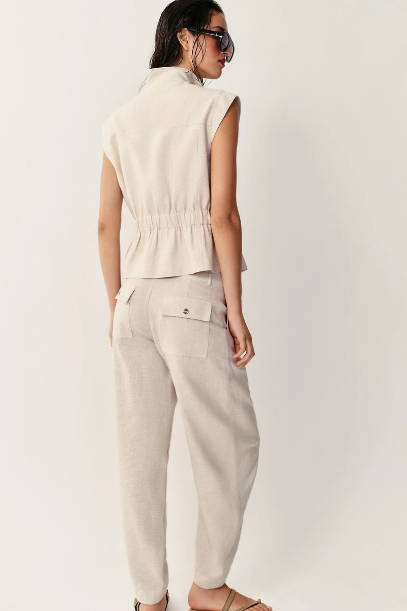 LINEN BLEND BARREL PANTS
