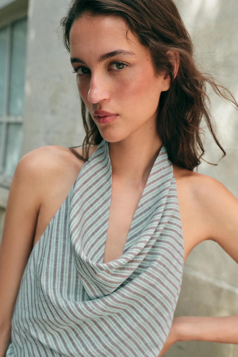 STRIPED LINEN HALTER JUMPSUIT