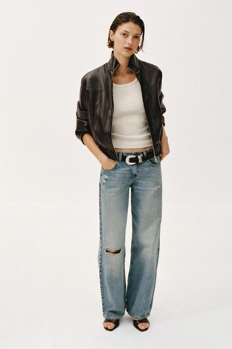 CROPPED FAUX LEATHER BOMBER JACKET