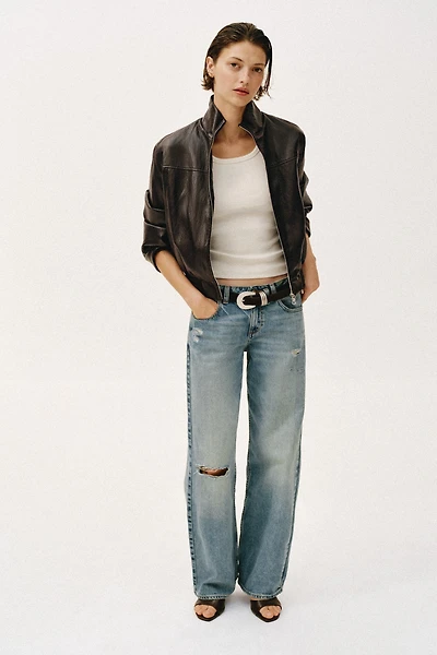 CROPPED FAUX LEATHER BOMBER JACKET