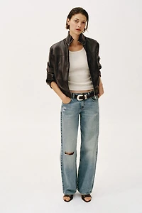 CROPPED FAUX LEATHER BOMBER JACKET