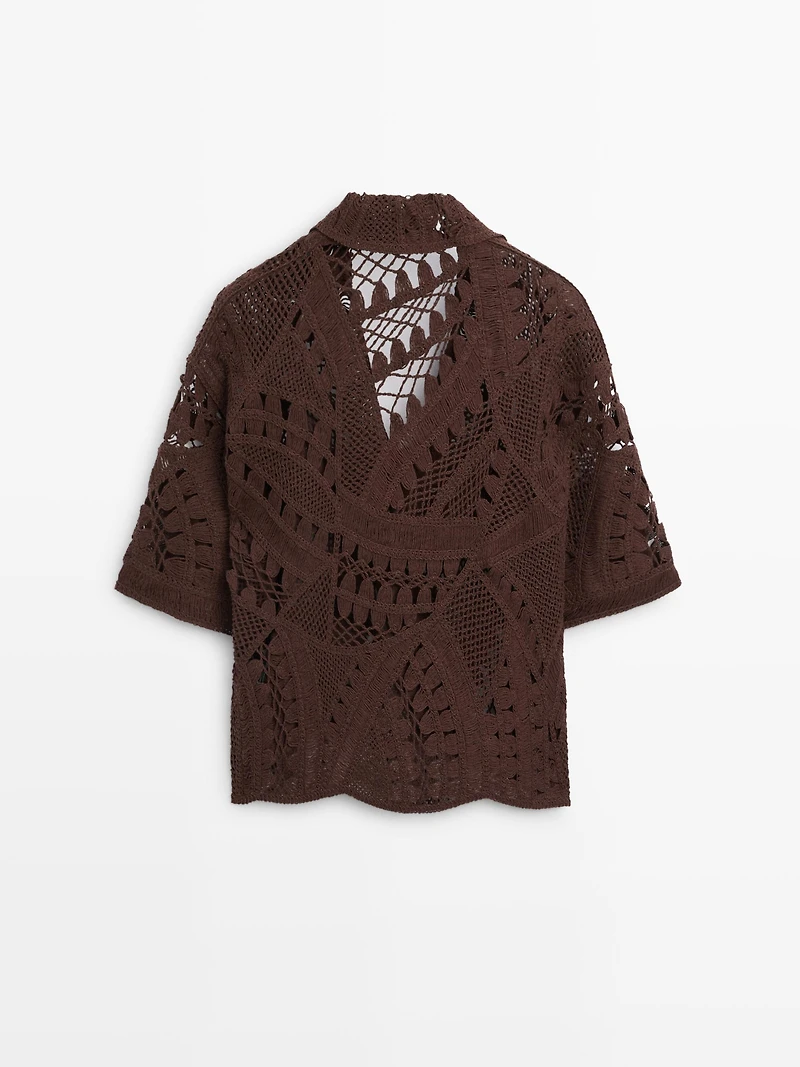 Cotton blend crochet polo T-shirt