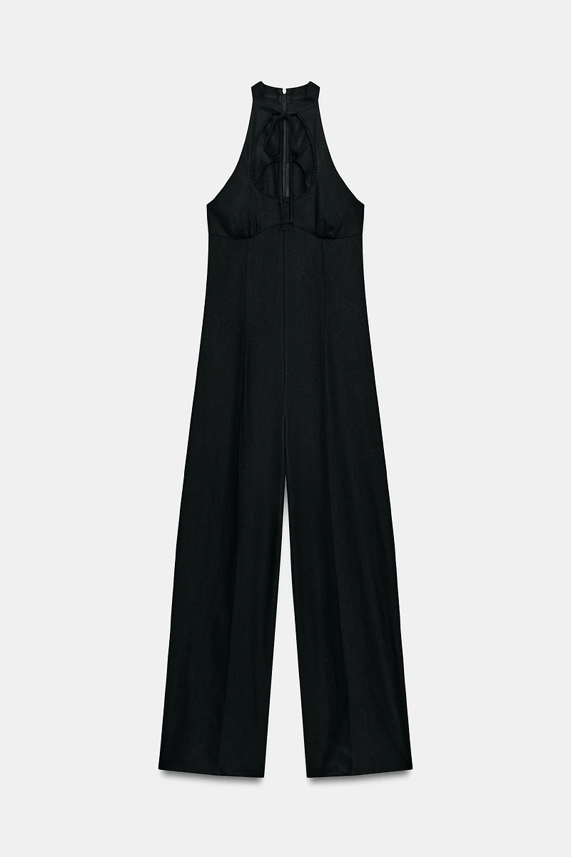 LINEN BLEND WIDE-LEG HALTER JUMPSUIT