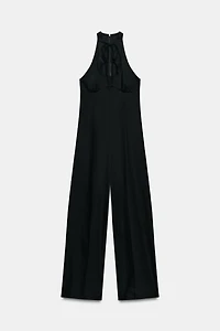 LINEN BLEND WIDE-LEG HALTER JUMPSUIT