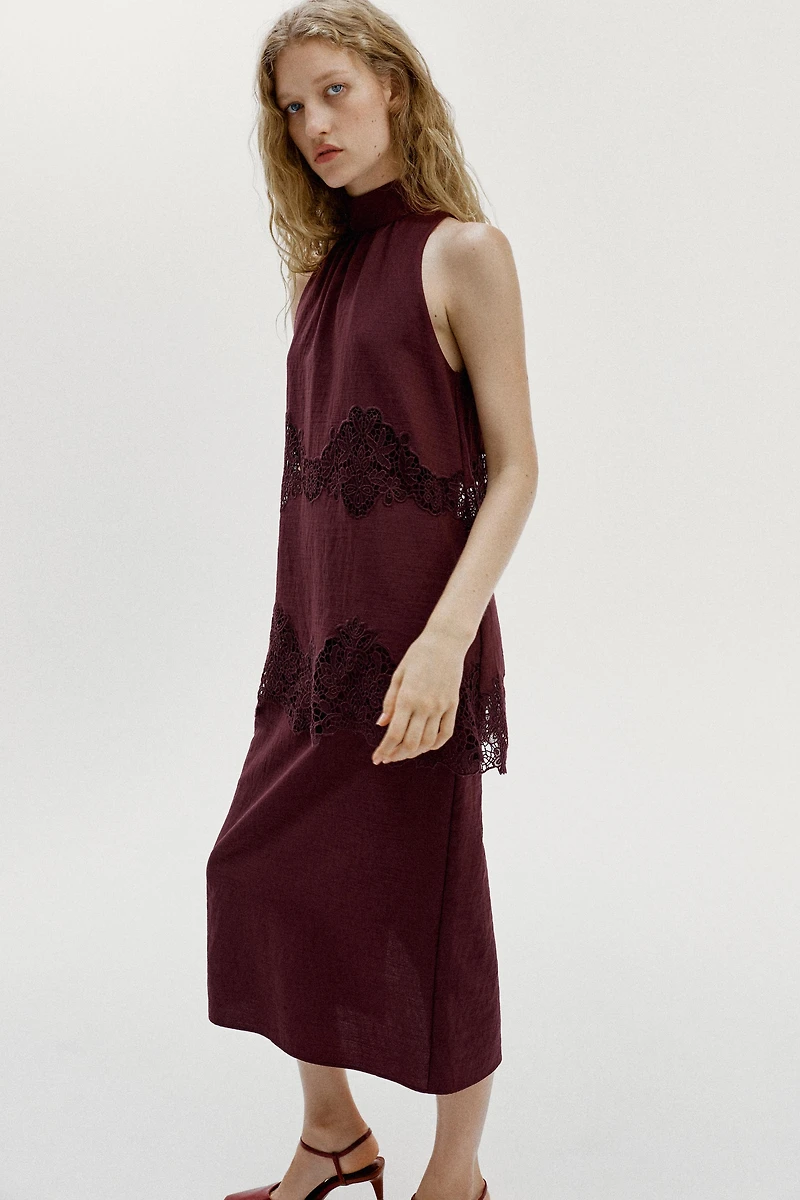 EMBROIDERED HALTER MIDI DRESS