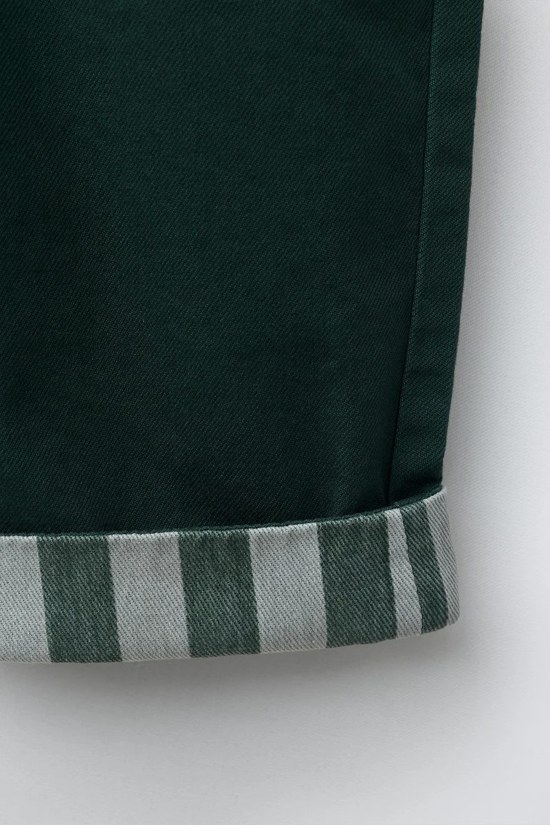 LONG STRIPED TWILL OVERALLS WITH CUFFED HEM